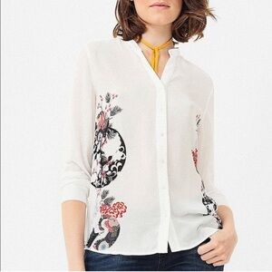 Desigual Eva Blouse Size XL Cream Floral and Bird Design Sheer V Neck Boho EUC